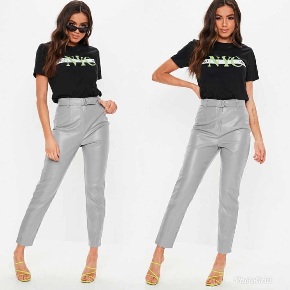 Missguided Grey Faux Leather Belted Cigarette Trousers
